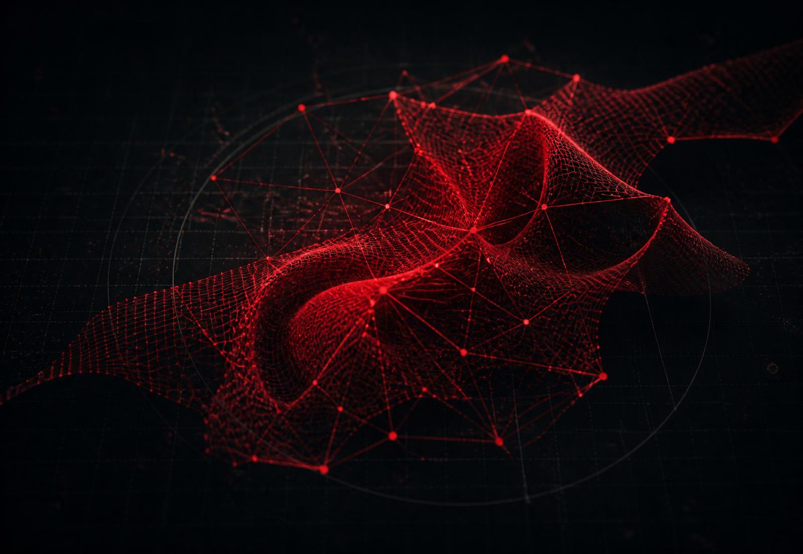 Abstract red wireframe network representing applied AI systems