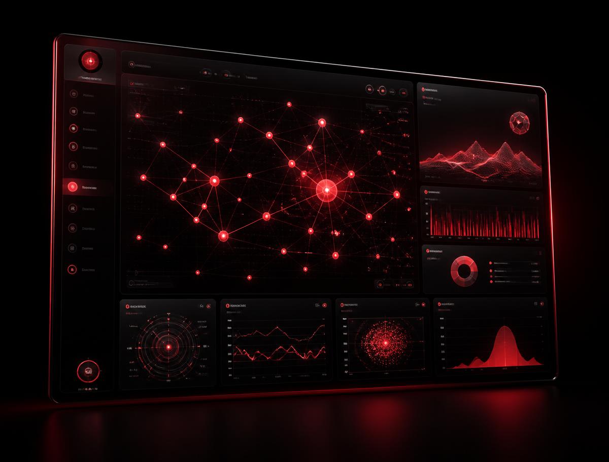 AI operations dashboard with red data visualizations — the kind of product we design and build