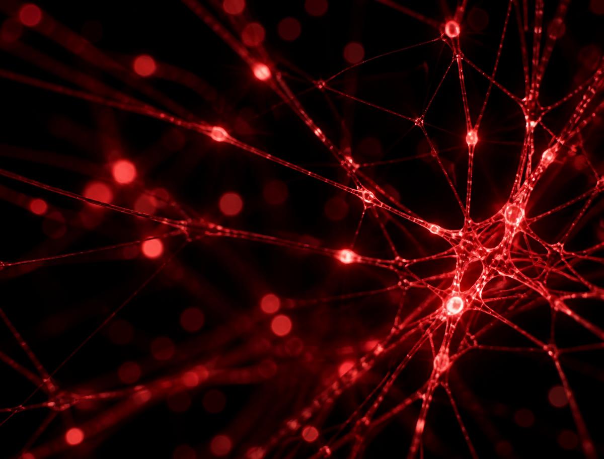 Glowing red neural network fibers — the intelligence layer behind our work